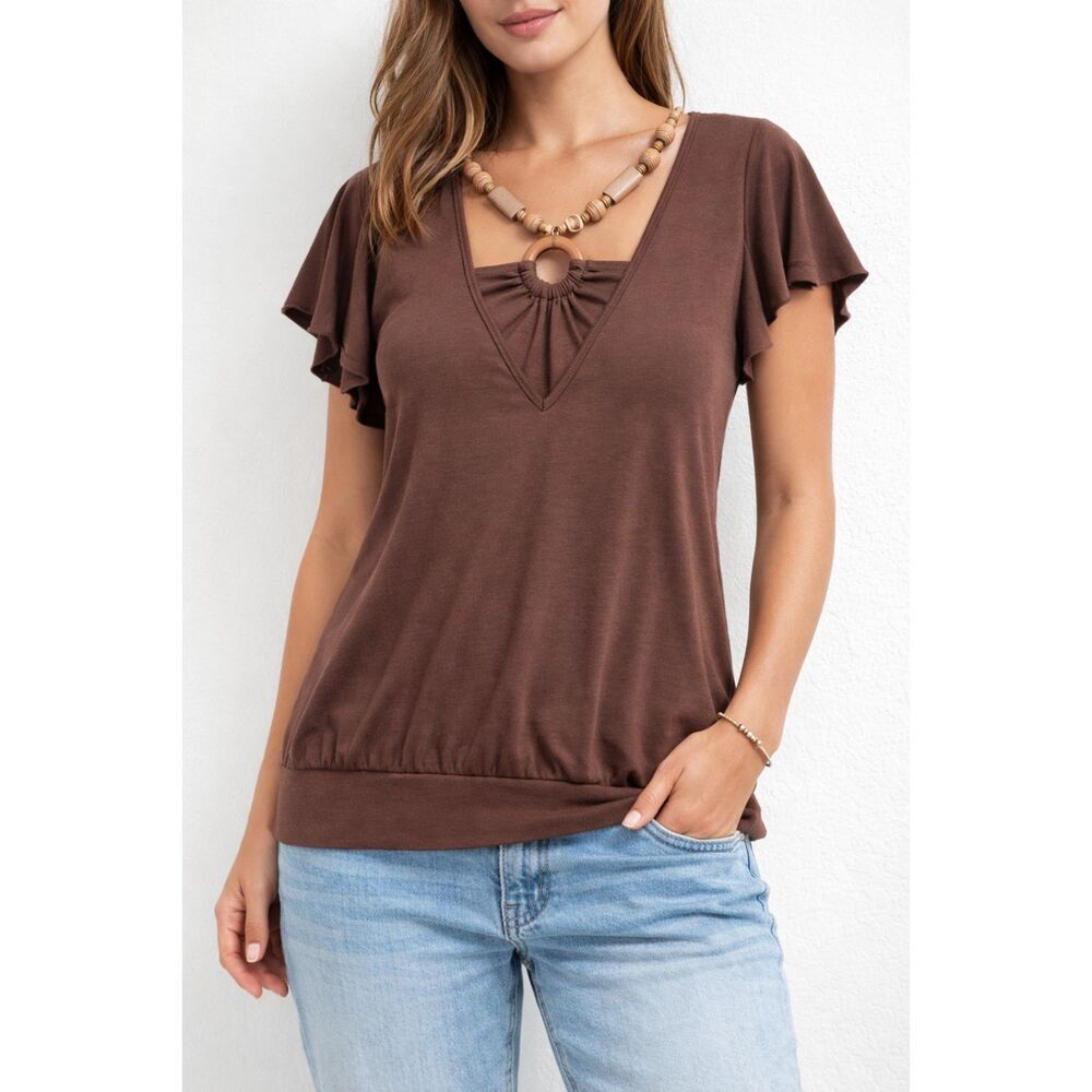 VTG JKLA California Brown Babydoll Top O-Ring Beaded V-Neck Whimsigoth Y2K L